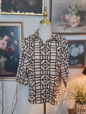 Foxcroft Geometric Grid Print Button-Up Shirt in Cream & Brown